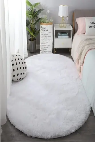 Beyaz Oval Post Halı Peluş Yumuşak Kaymaz Dot Taban Antibakteriyel - Beyaz - 3