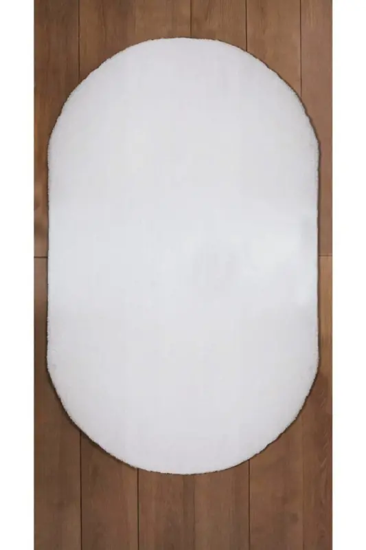 Beyaz Oval Post Halı Peluş Yumuşak Kaymaz Dot Taban Antibakteriyel - Beyaz - 4
