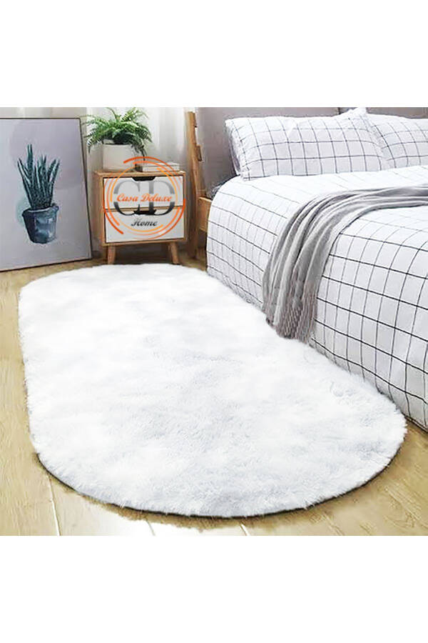 Beyaz Oval Post Peluş Yumuşak Yıkanabilir Kaymaz Dot Taban Antibakteriyel Salon Koridor Çocuk Halı - Beyaz - 3