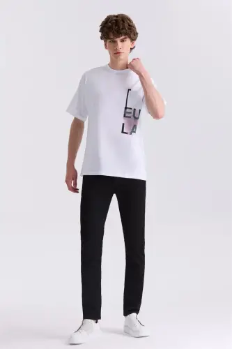 Beyaz Yazı Baskılı Bisiklet Yaka T-Shirt - 2