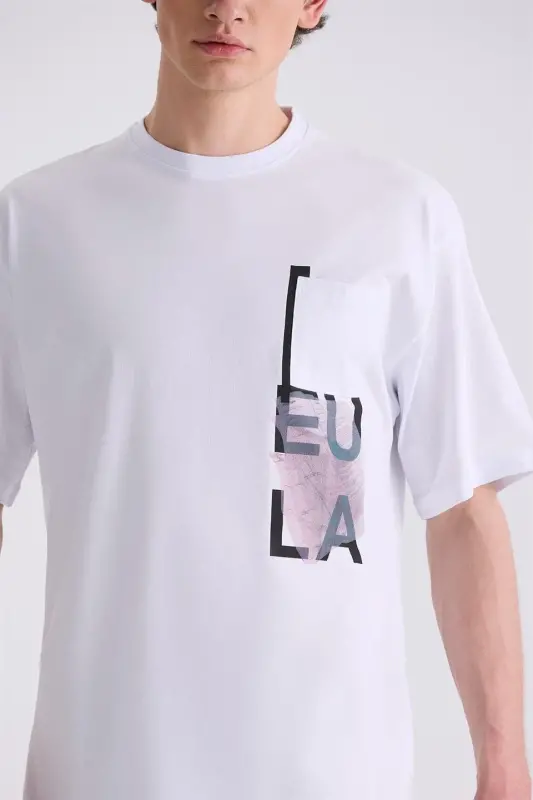 Beyaz Yazı Baskılı Bisiklet Yaka T-Shirt - 3