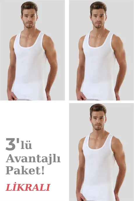 Beyaz Pamuklu Likralı Erkek Atlet 3'lü Paket - BÜYÜKBEDENIZ