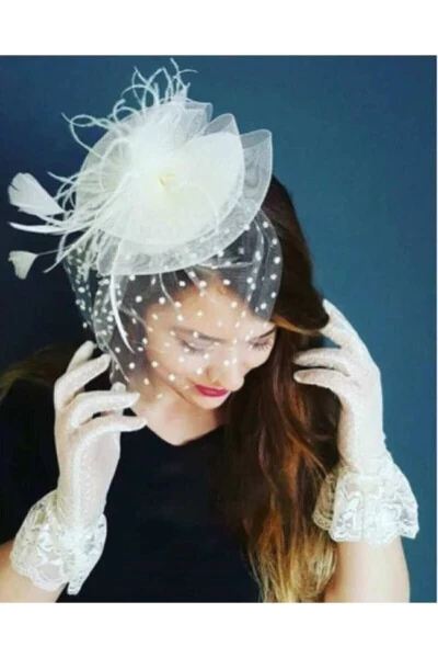 Beyaz Puantiyeli Gelin Kepi Nikah Şapkası Vualet - Modazone