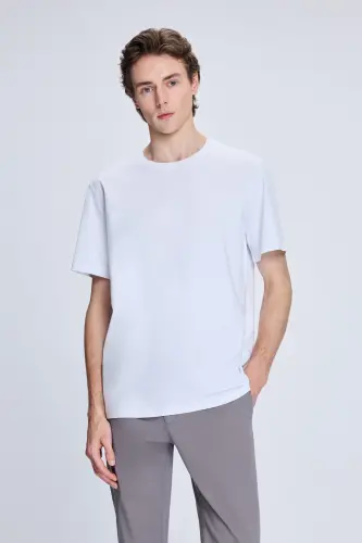 Beyaz Regular Fit Bisiklet Yaka Pamuklu Triko Tişört - Beyaz - 1