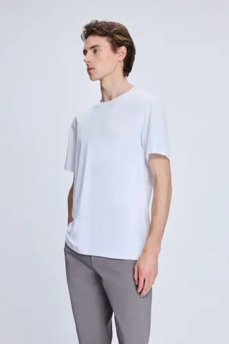 Beyaz Regular Fit Bisiklet Yaka Pamuklu Triko Tişört - Beyaz - 3