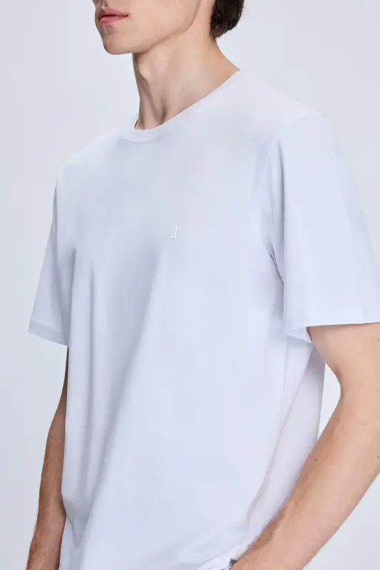 Beyaz Regular Fit Bisiklet Yaka Pamuklu Triko Tişört - Beyaz - 4