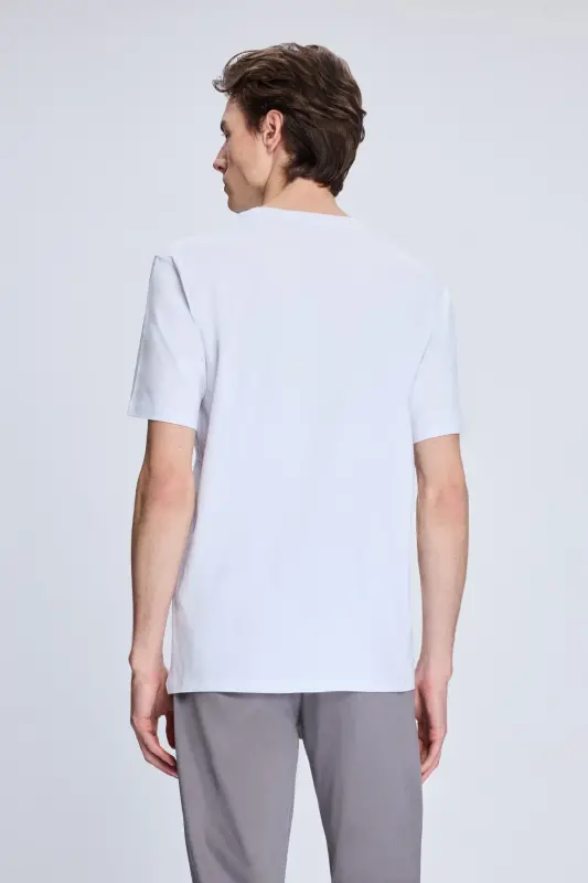 Beyaz Regular Fit Bisiklet Yaka Pamuklu Triko Tişört - Beyaz - 5