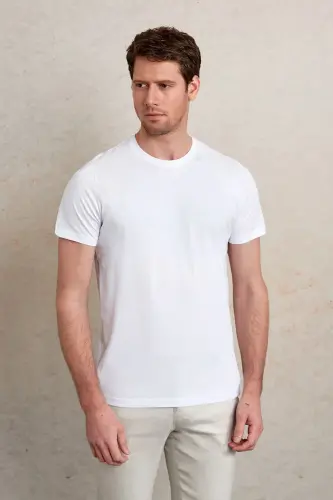 Beyaz Regular Fit Düz 100% Pamuk Bisiklet Yaka Tişört - Beyaz - 3