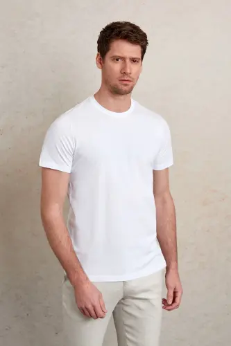 Beyaz Regular Fit Düz 100% Pamuk Bisiklet Yaka Tişört - Beyaz - 4
