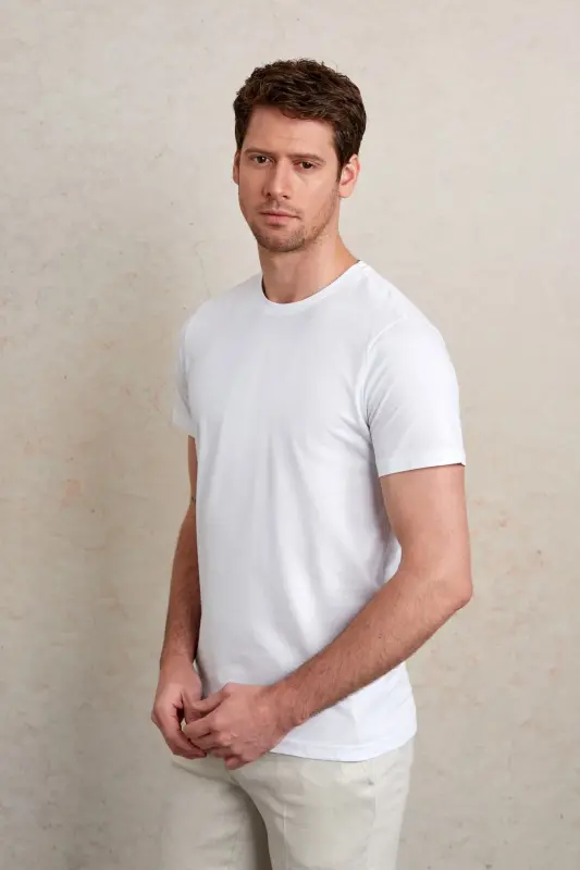 Beyaz Regular Fit Düz 100% Pamuk Bisiklet Yaka Tişört - Beyaz - 5