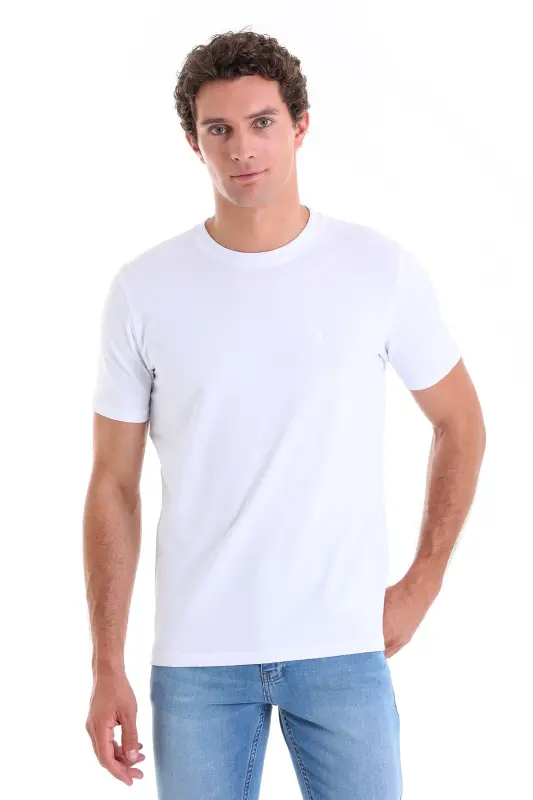 Beyaz Regular Fit Düz Pamuklu Bisiklet Yaka Triko Tişört - Beyaz - 1