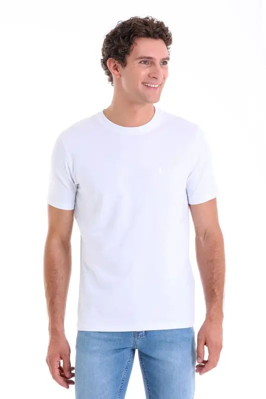 Beyaz Regular Fit Düz Pamuklu Bisiklet Yaka Triko Tişört - Beyaz - 2