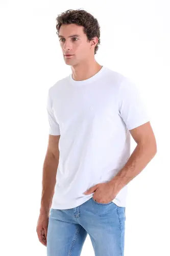 Beyaz Regular Fit Düz Pamuklu Bisiklet Yaka Triko Tişört - Beyaz - 3