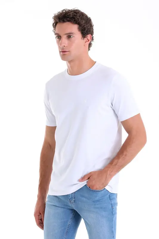 Beyaz Regular Fit Düz Pamuklu Bisiklet Yaka Triko Tişört - Beyaz - 3
