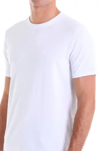 Beyaz Regular Fit Düz Pamuklu Bisiklet Yaka Triko Tişört - Beyaz - 5