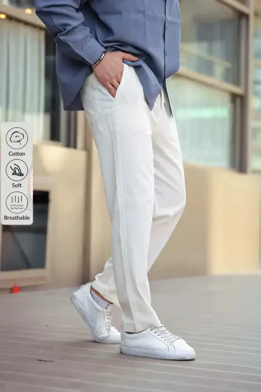 Beyaz Renk Erkek Yazlık Keten Karışımı Relaxed Pantolon - Beyaz-Beyaz - COMBİNE MİCHAİL