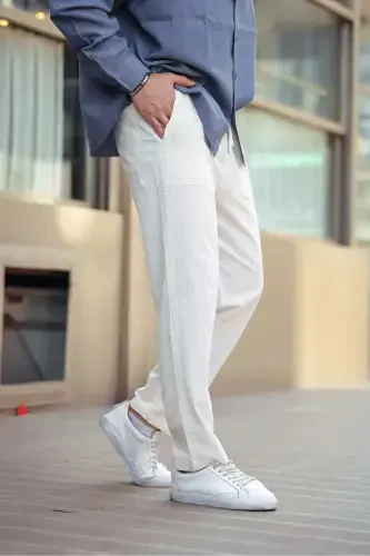 Beyaz Renk Erkek Yazlık Keten Karışımı Relaxed Pantolon - Beyaz-Beyaz - 3