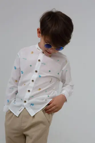 Beyaz Renk Kaplan Desenli Kısa Kollu Erkek Bebek Gömlek - KAPLAN DESENLİ - 4