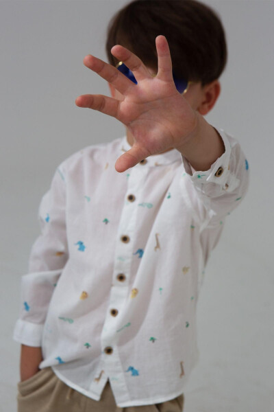 Beyaz Renk Kaplan Desenli Kısa Kollu Erkek Bebek Gömlek-KAPLAN DESENLİ - 3