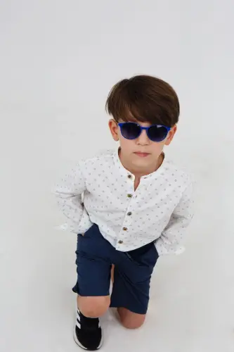 Beyaz Renk Mavi Desenli Uzun Kollu Erkek Bebek Gömlek-GEOMETRİK DESENLİ - ASG TEKSTİL (1)