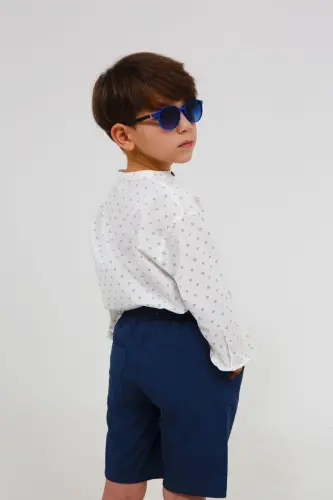 Beyaz Renk Mavi Desenli Uzun Kollu Erkek Bebek Gömlek-GEOMETRİK DESENLİ - 3