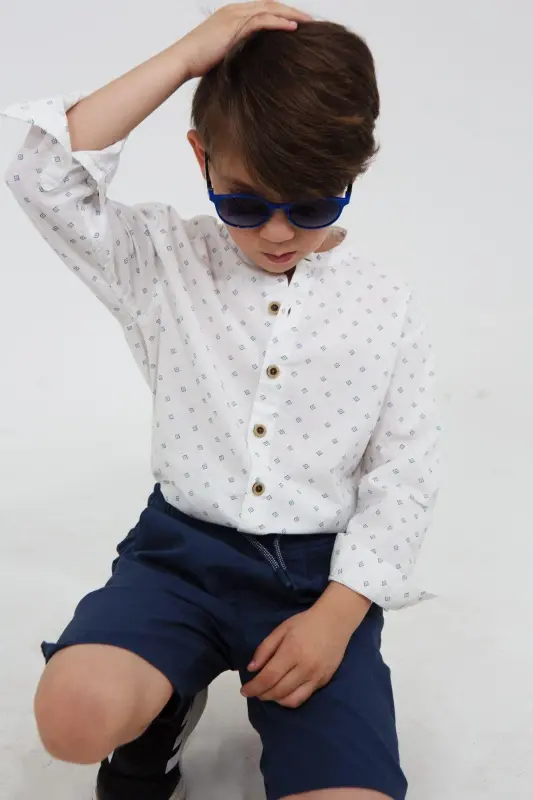 Beyaz Renk Mavi Desenli Uzun Kollu Erkek Bebek Gömlek-GEOMETRİK DESENLİ - ASG TEKSTİL
