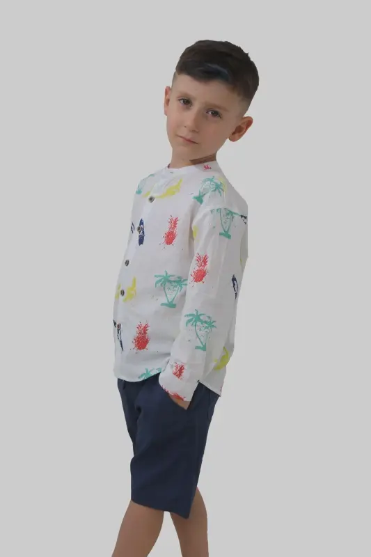Beyaz Renk Yaz Baskılı Kısa Kollu Erkek Bebek Gömlek - BEYAZ BASKILI - 4