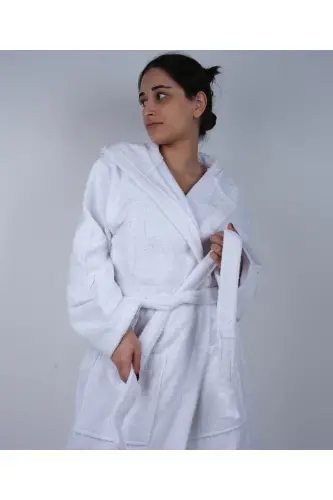 Beyaz Renkli AVS Bukle Kapüşonlu Model Bornoz (S-M-L-XL-2XL-3XL-4XL) Büyük ve Battal Beden-Beyaz - 5