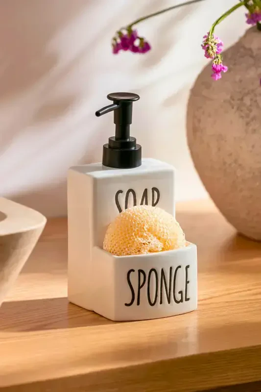 Beyaz Soap and Sponge Porselen Sıvı Sabunluk ve Süngerlik-Soap&Sponge - 1