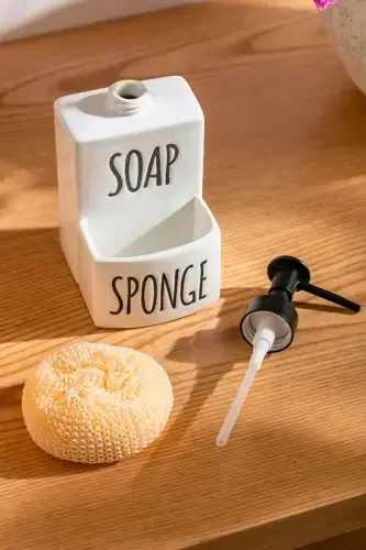 Beyaz Soap and Sponge Porselen Sıvı Sabunluk ve Süngerlik-Soap&Sponge - 3