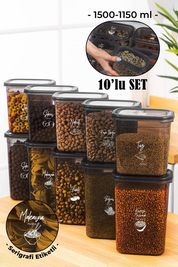 Beyaz Serigrafi Etiketli 10lu Peggy Dikdörtgen Saklama Kabı Seti 5x(1500-1150 Ml) Antrasit - 1