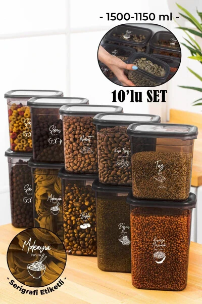 Beyaz Serigrafi Etiketli 10lu Peggy Dikdörtgen Saklama Kabı Seti 5x(1500-1150 Ml) Antrasit-Antrasit - VIENEV