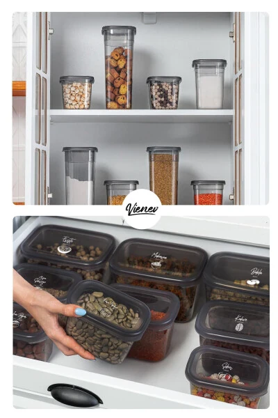 Beyaz Serigrafi Etiketli 10lu Peggy Dikdörtgen Saklama Kabı Seti 5x(1500-1150 Ml) Antrasit-Antrasit - 6