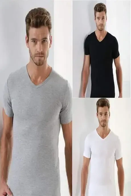 Beyaz Siyah Gri 3'lü Paket Erkek V Yaka T-Shirt Kısa Kollu %100 Pamuk - 2