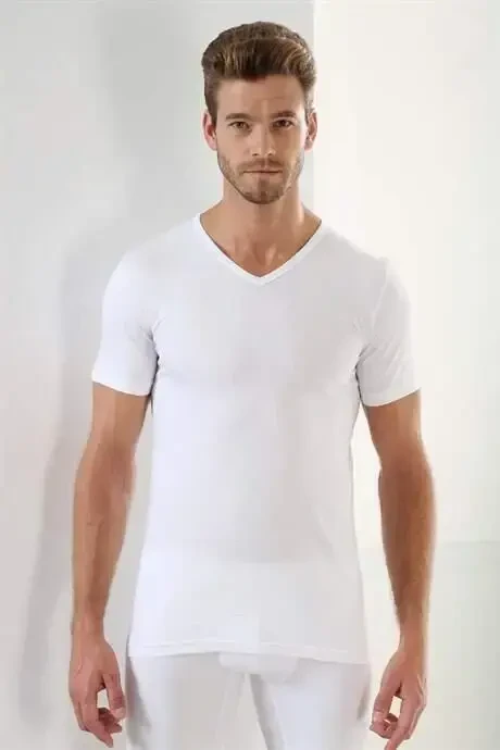 Beyaz Siyah Gri 3'lü Paket Erkek V Yaka T-Shirt Kısa Kollu %100 Pamuk - 3