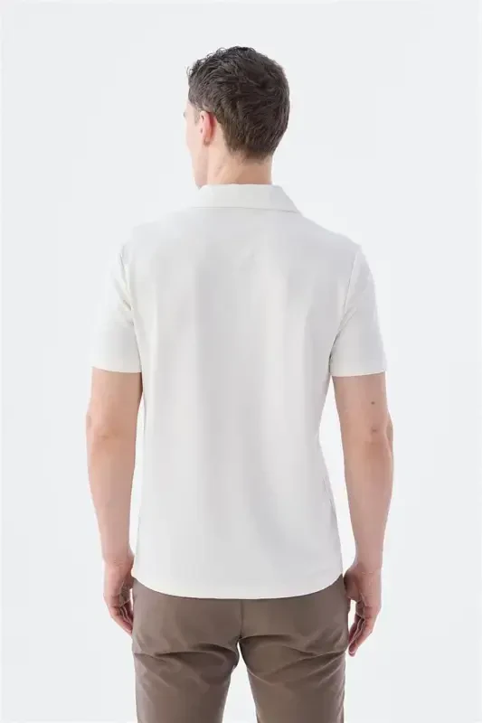 Beyaz Slim Fit Apaş Yaka T-Shirt - 5
