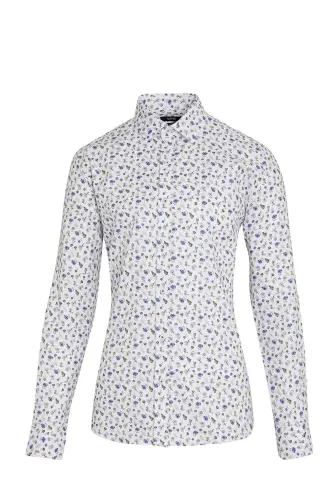 Beyaz Slim Fit Baskılı 100% Pamuk Düğmeli Yaka Uzun Kollu Casual Gömlek-Beyaz B. - 1