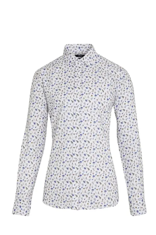 Beyaz Slim Fit Baskılı 100% Pamuk Düğmeli Yaka Uzun Kollu Casual Gömlek-Beyaz B. - 1