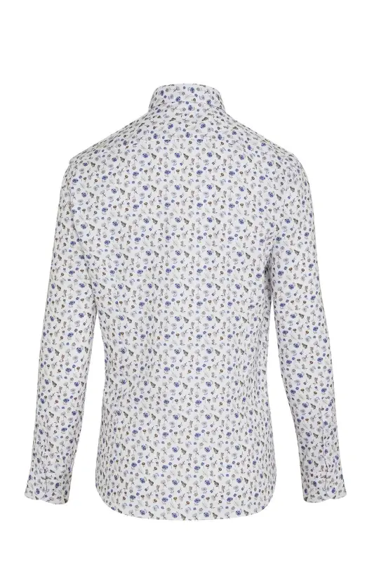 Beyaz Slim Fit Baskılı 100% Pamuk Düğmeli Yaka Uzun Kollu Casual Gömlek-Beyaz B. - 2