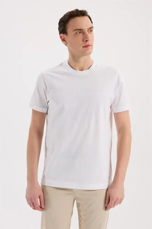 Beyaz Slim Fit Bisiklet Yaka Desenli %100 Pamuk T-Shirt - 2