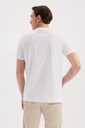 Beyaz Slim Fit Bisiklet Yaka Desenli %100 Pamuk T-Shirt - 4