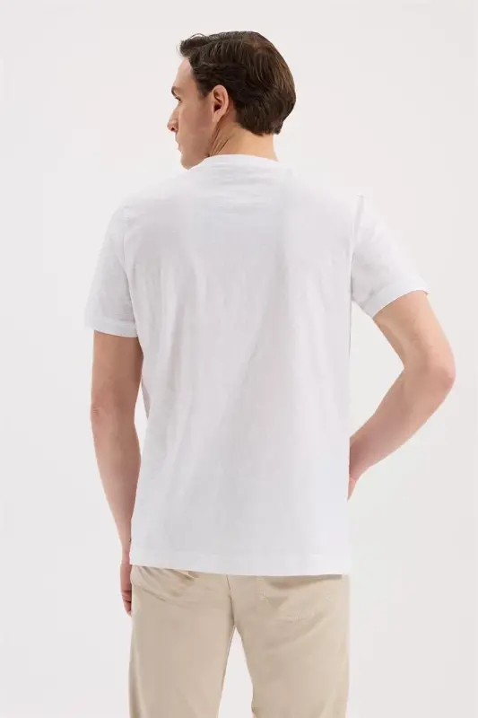 Beyaz Slim Fit Bisiklet Yaka Desenli %100 Pamuk T-Shirt - 4