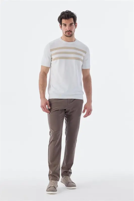 Beyaz Slim Fit Bisiklet Yaka Desenli Triko T-Shirt - 1