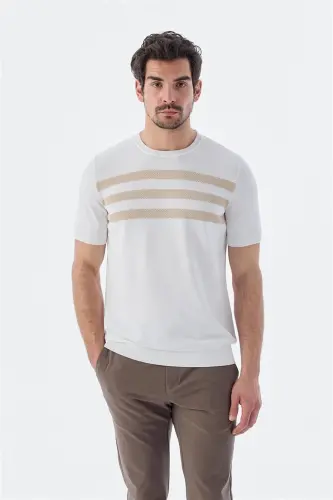 Beyaz Slim Fit Bisiklet Yaka Desenli Triko T-Shirt - JAKAMEN (1)