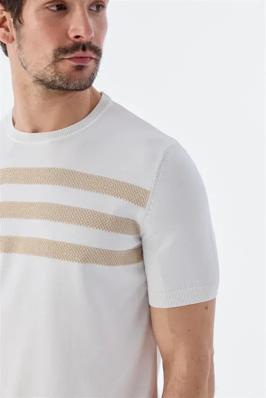 Beyaz Slim Fit Bisiklet Yaka Desenli Triko T-Shirt - 3