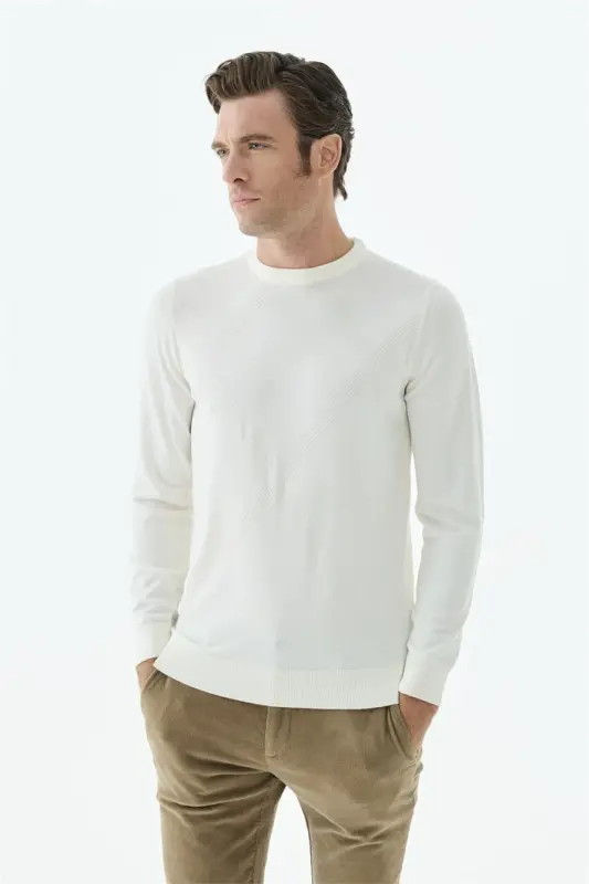 Beyaz Slim Fit Desenli Bisiklet Yaka Triko - 2