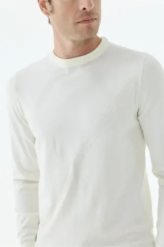 Beyaz Slim Fit Desenli Bisiklet Yaka Triko - 4