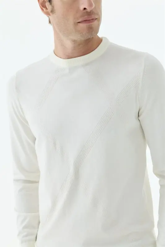 Beyaz Slim Fit Desenli Bisiklet Yaka Triko - 4