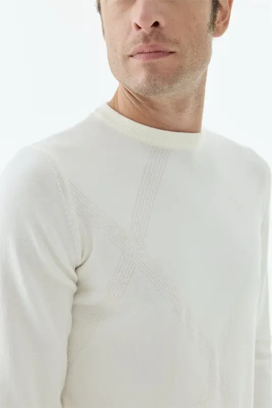 Beyaz Slim Fit Desenli Bisiklet Yaka Triko - 5