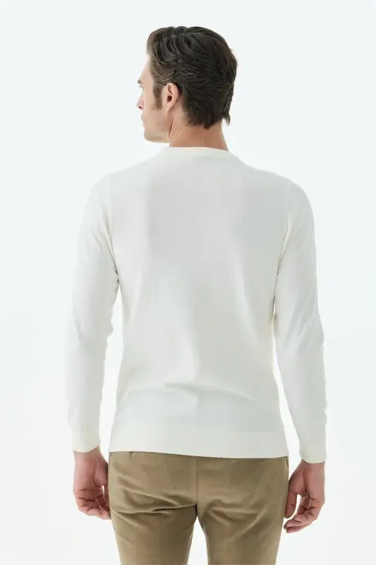 Beyaz Slim Fit Desenli Bisiklet Yaka Triko - 6